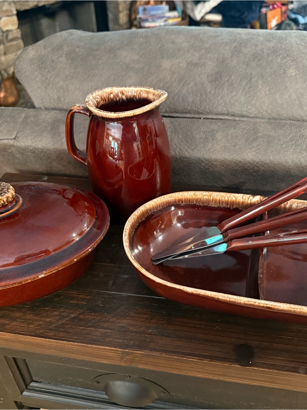 Glossy Brown Glazed Ceramic Pitcher & Serving Set.  Hull pottery